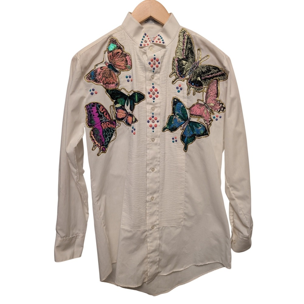 Vintage Chaplin Painted Tuxedo Shirt Butterfly Sequins 80s Kitschy Retro Whimsy